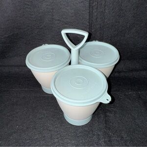 Vintage Tupperware 3 Container Condiment Set Caddy #757-4 w/ Blue Lids